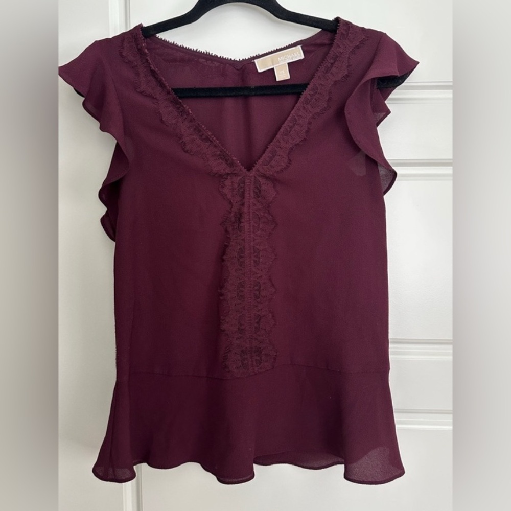 MICHAEL KORS - Elegant Burgundy Lace Trimmed Blouse With Flutter Sleeves